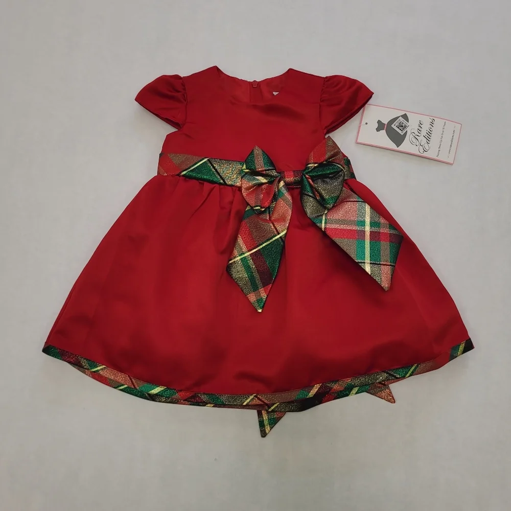 Rare Editions Baby Girl Plaid Bow Detail Satin Dress With Diaper Panty